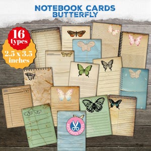 Butterflies Antique Notebook Cards, Lined Cards, Paper, Digital Download, Junk Journal Ephemera Kit, ATC, Printable, Vintage, Gift, Blue