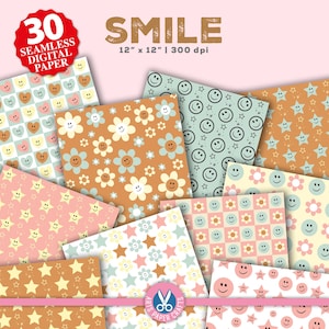 Paquete de papel con patrón de caras sonrientes - Patrón retro sin costuras de caras felices - Fondo retro de cara sonriente - Descarga instantánea - Uso comercial