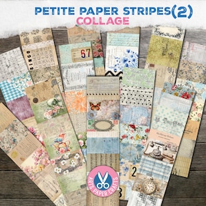 May include: A collage of petite paper stripes with vintage designs. The stripes feature floral patterns, handwritten text, and numbers. The text "PETITE PAPER STRIPES(2) COLLAGE" is at the top. A pink and white logo with scissors is at the bottom.