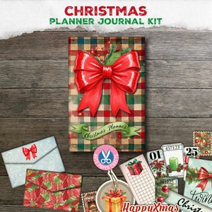 Christmas Planner Junk Journal, Albero di Natale, Regalo, Stampabile, Download digitale, Materiali artigianali stampabili, Scheda obiettivi, Buste, Etichette