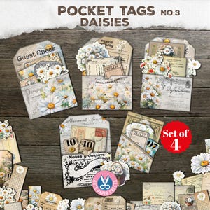 Etiquetas de bolsillo, Kit de diario basura Daisy, Adornos, Boletos, Tarjeta Daisy, Primavera, Efímera vintage imprimible, Inserto de papel, Recibo desgastado