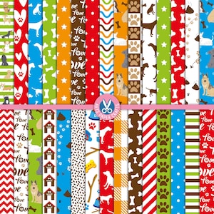 Papel digital sem costura para cães - Fundo de cães - Papéis para scrapbook de cães - Papéis para festa de cães - Download instantâneo