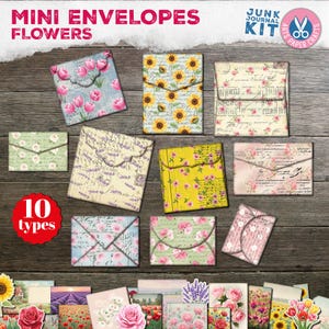 Blumen, Junk Journal, Mini Umschläge, Shabby rosa blau, Verzierungen, Taschenbrief, digitaler Download, neutral, bedruckbar, Bastelkarten