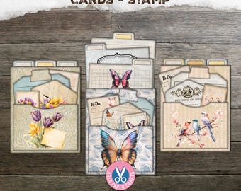 Carpetas con pestañas, etiquetas de bolsillo, mariposa, escritura shabby, diario basura, carpeta vintage, efímera, inserto, kit digital, descarga imprimible, neutro
