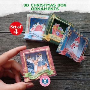 3D Christmas Shadow Box Ornaments, Snowman, Craft, Deer, Decoration, Digital Download, Gift, Printable, Idea, Red Blue Green, Junk Journal