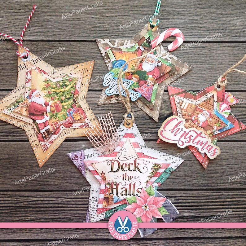 Etichette a forma di stella di Natale, kit per diario natalizio, stampabili, etichette natalizie cariche, download digitale, regalo, Natale vintage, download immagine 2