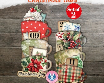May include: Two decorative Christmas tags featuring stacked mug illustrations. The left tag displays a red polka dot mug, a green snowflake mug, and a poinsettia mug. The right tag shows a holly mug, a pine mug, and a plaid mug with text.