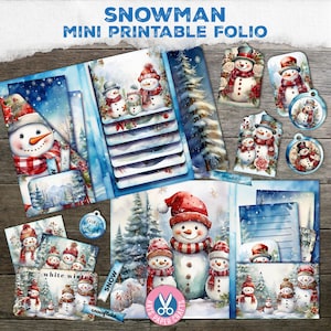 Snowman Folio, Christmas Printable Ephemera, Snowman Junk Journal Kit, Winter, Tags, Gift, Folder, Digital Download, Cards, Ticket, Label