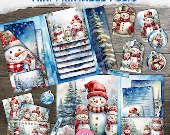 Snowman Folio, Christmas Printable Ephemera, Snowman Junk Journal Kit, Winter, Tags, Gift, Folder, Digital Download, Cards, Ticket, Label