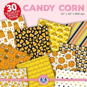 May include: 30 digital papers featuring various candy corn patterns in yellow, orange, black, and white. The patterns include candy corn, cupcakes, stars, and checkerboards. The papers are 12 inches by 12 inches and 300 dpi.