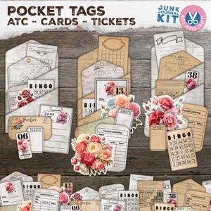 Etiquetas de bolsillo, Descoloridas, En capas, Álbum de recortes, Descarga, Kit de diario basura, Efímera imprimible, Hoja de collage, Papel, Insertar, Vintage, ATC, Boleto