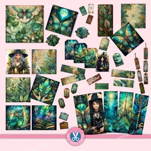 Green Witch Junk Journal Kit, Spell Book, Collage, Printable, Fantasy Kit, Pocket Tags, Stamps, Nature, Paper, Envelopes, Tab Folder, Words image 7