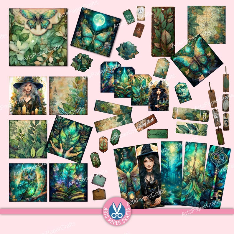 Green Witch Junk Journal Kit, Spell Book, Collage, Printable, Fantasy Kit, Pocket Tags, Stamps, Nature, Paper, Envelopes, Tab Folder, Words image 7