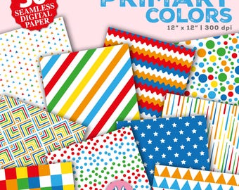 Primary Colors Digital Papers Set - Primary Colors Background - Red Blue Orange Green Colors Seamless Pattern - Instant Download