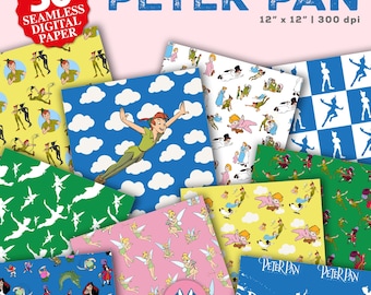 Papeles digitales de Peter Pan, fiesta temática de Campanilla, fondo de Nunca Jamás, patrón sin costuras de Peter Pan, uso comercial, cuento de hadas piratas.