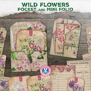 Pocket Tags - Junk Journal Kit - Shabby Floral Folio Pocket - Wild Flowers - Printable - Ephemera - Portfolio - Insert - Scrapbook - Ticket