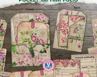 Zaklabels - Junk Journal Kit - Shabby Floral Folio Pocket - Wilde bloemen - Afdrukbaar - Ephemera - Portfolio - Invoegen - Plakboek - Ticket