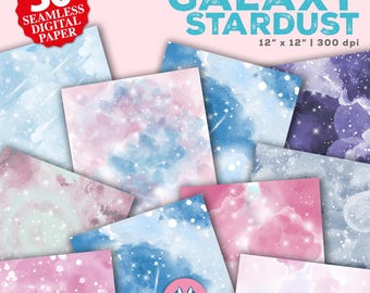May include: 30 seamless digital papers featuring a galaxy theme with watercolor clouds, stars, and glitter. The papers are 12 inches by 12 inches and 300 dpi.