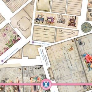 May include: A collection of vintage-style paper ephemera featuring floral illustrations, postage stamp designs, antique clock faces, and aged document templates with lined writing spaces, all presented in a neutral beige and sepia color palette.