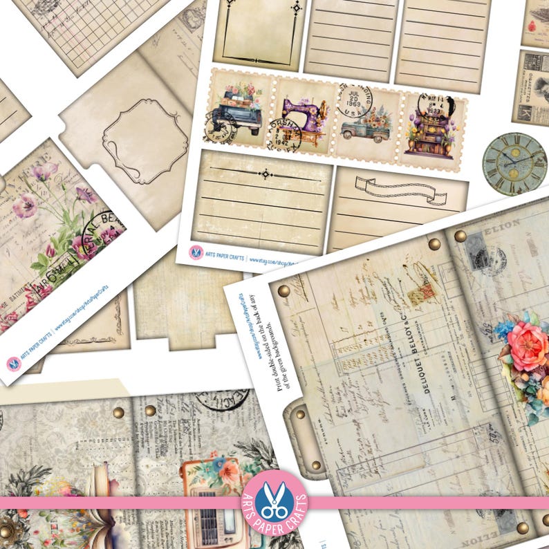 May include: A collection of vintage-style paper ephemera featuring floral illustrations, postage stamp designs, antique clock faces, and aged document templates with lined writing spaces, all presented in a neutral beige and sepia color palette.