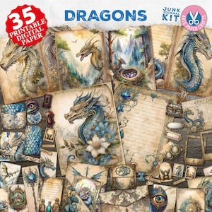 Kit de diario basura Dragons Beyond: imprimibles de collage de fantasía: kit de fantasía, papel de diario basura Dragons, efímera vintage Dragons, carpeta