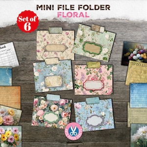 May include: Set of six mini file folders with floral designs. Each folder features a unique pattern of flowers in various colors, with a blank label for customization. The folders are labeled "Mini File Folder Floral".