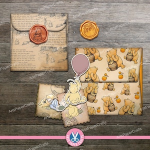 Winnie The Pooh, Mini Envelopes, Junk Journal, Shabby, Letters, Embellishments, Stamp, Digital Download, Illustrations, Printable, Postcards image 3