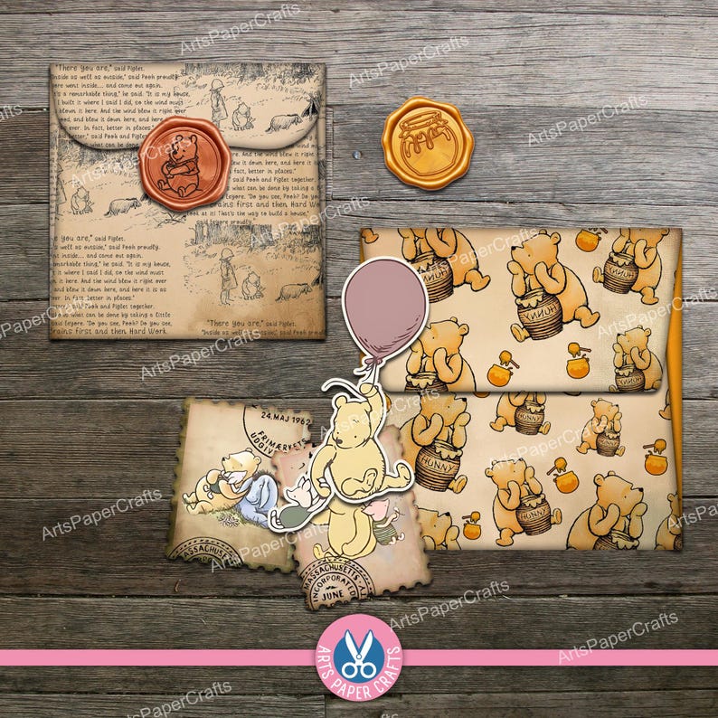 Winnie The Pooh, Mini Envelopes, Junk Journal, Shabby, Letters, Embellishments, Stamp, Digital Download, Illustrations, Printable, Postcards image 3