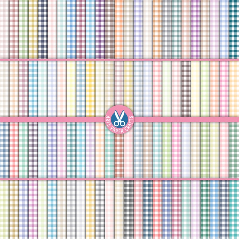 May include: A collection of 48 digital paper patterns featuring a gingham design in various colours. The patterns are arranged in rows and columns, with a pink stripe separating the top and bottom rows. The text "Arts Paper Crafts" is displayed in a circle with scissors.