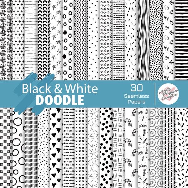 Black and White Doodle Digital Papers Set - Doodle Background - Doodle Seamless Pattern - Instant Download - Black and White Scrapbook Paper