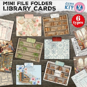 Mini pasta de arquivo, cartões de biblioteca, diário de lixo, bolsos de cartão de biblioteca surrados, itens efêmeros, kit digital de artesanato, para impressão, bolso vintage carregado