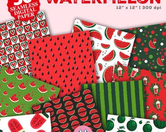 Watermelon Summer 30 Pattern Paper - Summer Party Paper - Red Green White Paper - Digital Instant Download - Watermelon Scrapbook Papers