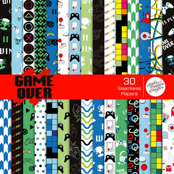 Gameover Digital Papers Set - Fondo de jugador - Gameover Seamless Pattern - Descarga instantánea - Gamer Scrapbook Paper