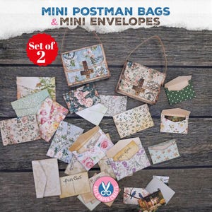 Könnte beinhalten: Eine Sammlung von Miniatur-Postman-Taschen und -Umschlägen aus Papier. Die Taschen und Umschläge weisen florale und Vintage-Designs auf. Der Text "MINI POSTMAN BAGS & MINI ENVELOPES" und "Set of 2" sind sichtbar. Die Taschen haben einen Verschluss.