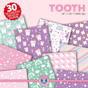 Ensemble de papiers numériques de dent (fille) - fond de fée - modèle sans couture de fée des dents - téléchargement immédiat - papier de scrapbooking de dent