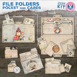 Pastas de arquivo, etiquetas de bolso, papel para caderno, tipografia, scrapbook, kit de diário de lixo, itens efêmeros, diário de lixo para impressão, cartões, enfeites