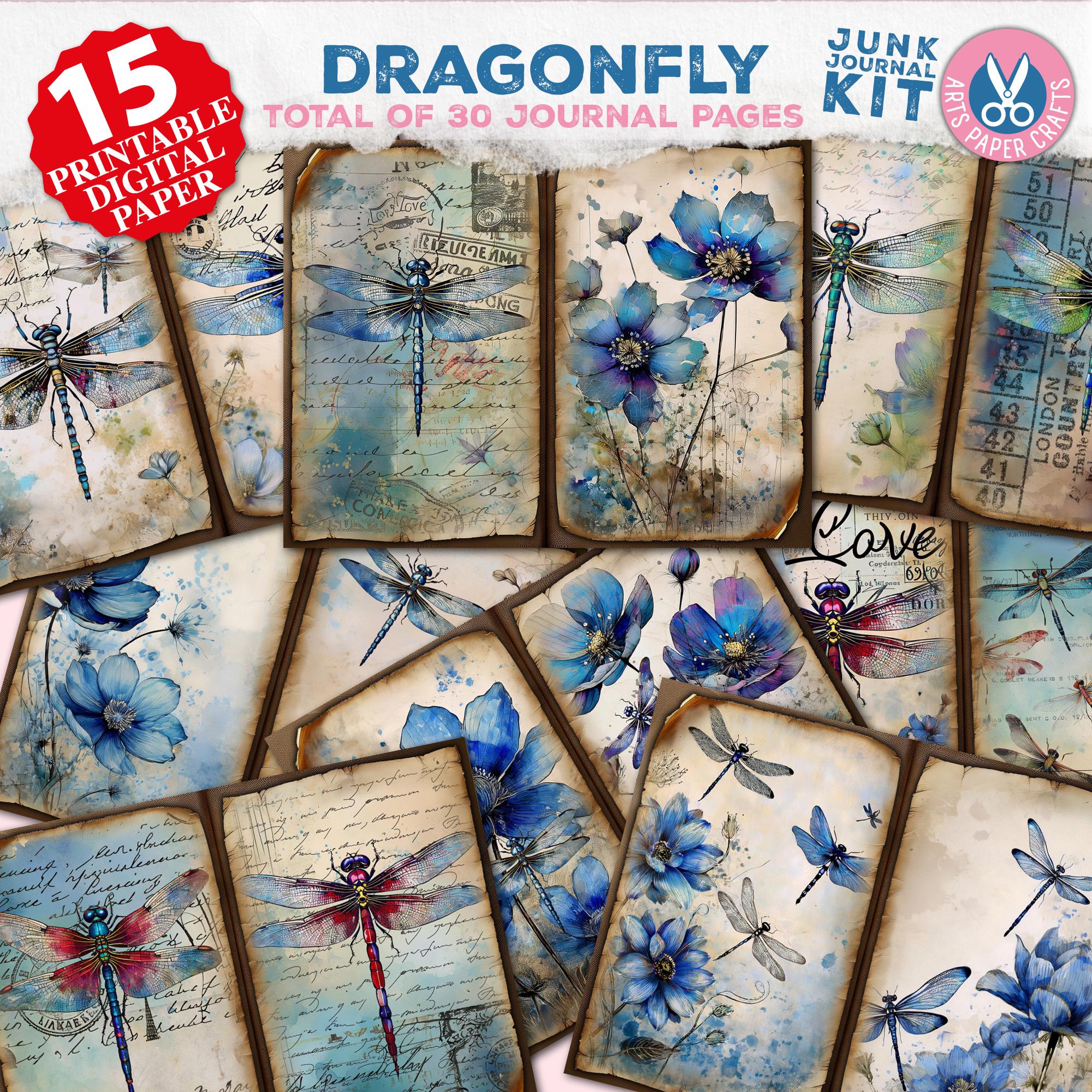 Floral Dragonfly Junk Journal Pages, Purple Peonies Junk Journal Kit ...