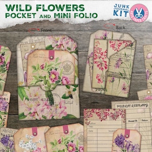 Etiquetas de bolso - Kit de diário de lixo - Bolso de fólio floral surrado - Flores silvestres - Imprimível - Efêmera - Portfólio - Encarte - Álbum de recortes - Ingresso