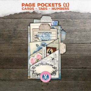 Page Pockets, Junk Journal Kit, Tab folder, Shabby, Blue, Vintage, Pocket, Tags, Digital Download, Printable Library Card, Folio, Folder