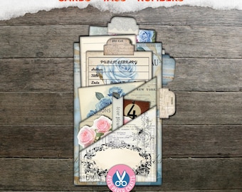 Page Pockets, Junk Journal Kit, Tab folder, Shabby, Blue, Vintage, Pocket, Tags, Digital Download, Printable Library Card, Folio, Folder