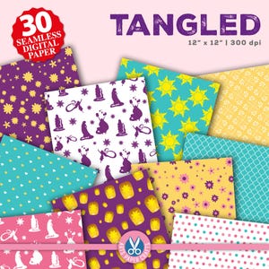 May include: A set of 30 digital papers featuring various patterns inspired by the Disney movie Tangled. The patterns include a purple background with yellow flowers, a teal background with yellow suns, a white background with purple silhouettes of Rapunzel and Flynn Rider, a purple background with yellow lanterns, a yellow background with pink flowers, and a pink background with white polka dots. The papers are 12 inches by 12 inches and 300 dpi.
