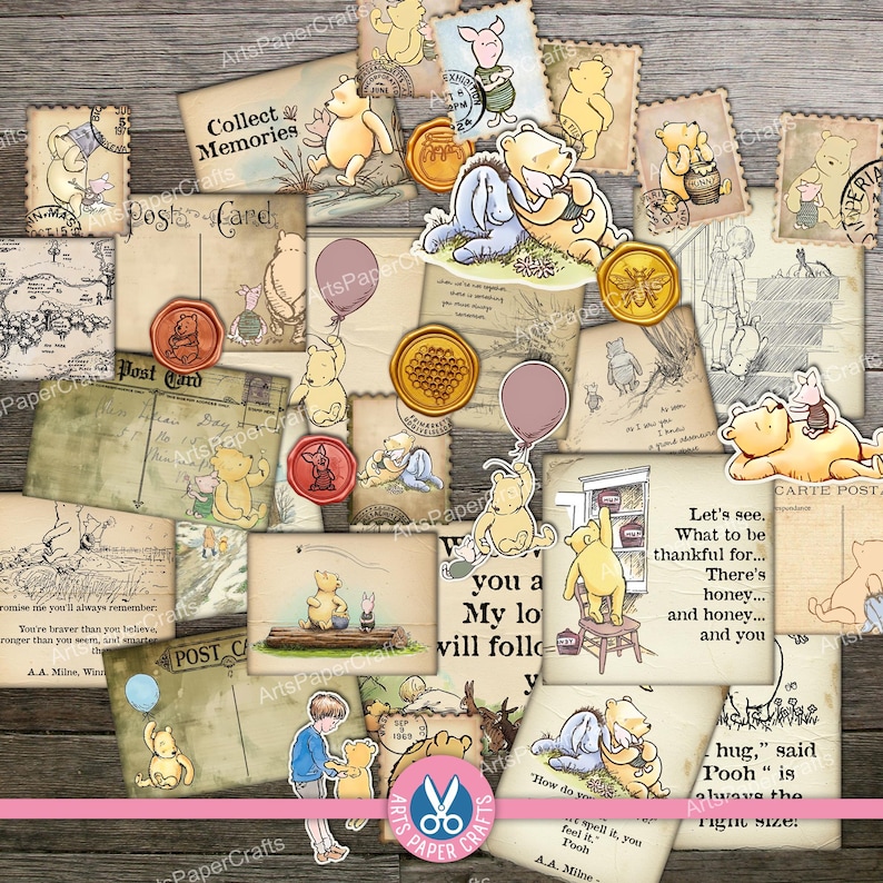 Winnie The Pooh, Mini Envelopes, Junk Journal, Shabby, Letters, Embellishments, Stamp, Digital Download, Illustrations, Printable, Postcards image 4