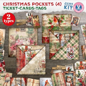 Bilhete de cartão de bolsos de Natal - Imprimíveis de diário de lixo de Natal - Papel digital de Natal - Bolso vintage - Suprimento de diário de lixo - Etiqueta ATC