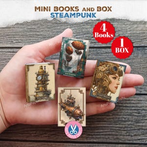 Peut inclure: Un ensemble de quatre livres miniatures aux couvertures sur le thème steampunk, incluant des illustrations de tour d'horloge, dirigeables, sous-marin et personnage à lunettes. Les titres incluent Rust Journal, Rust Kingdom et Copper Shadows.