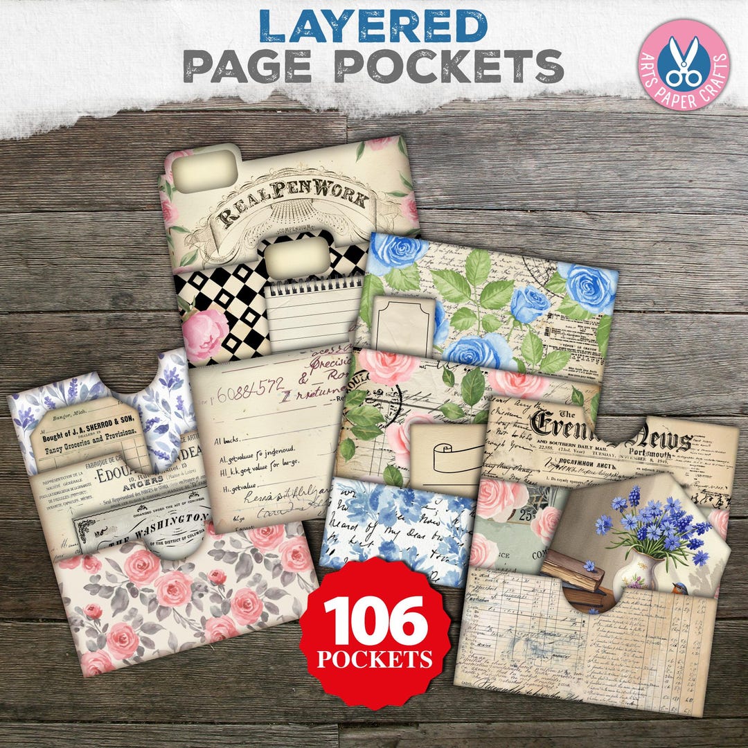Page Pockets, Floral, Junk Journal, Shabby, Layered, Pink, Yellow, Chic ...