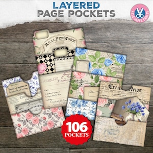 Page Pockets, Floral, Junk Journal, Shabby, Layered, Pink, Yellow, Chic, Printable, Scrapbook, Digital Kit, Download, Purple, Blue, Grunge