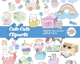 30 Cute Cat Clipart Set - Kawaii Cats Clipart - Cats PNG - Instant Download - Funny Cats Clipart Bundle - Commercial Use