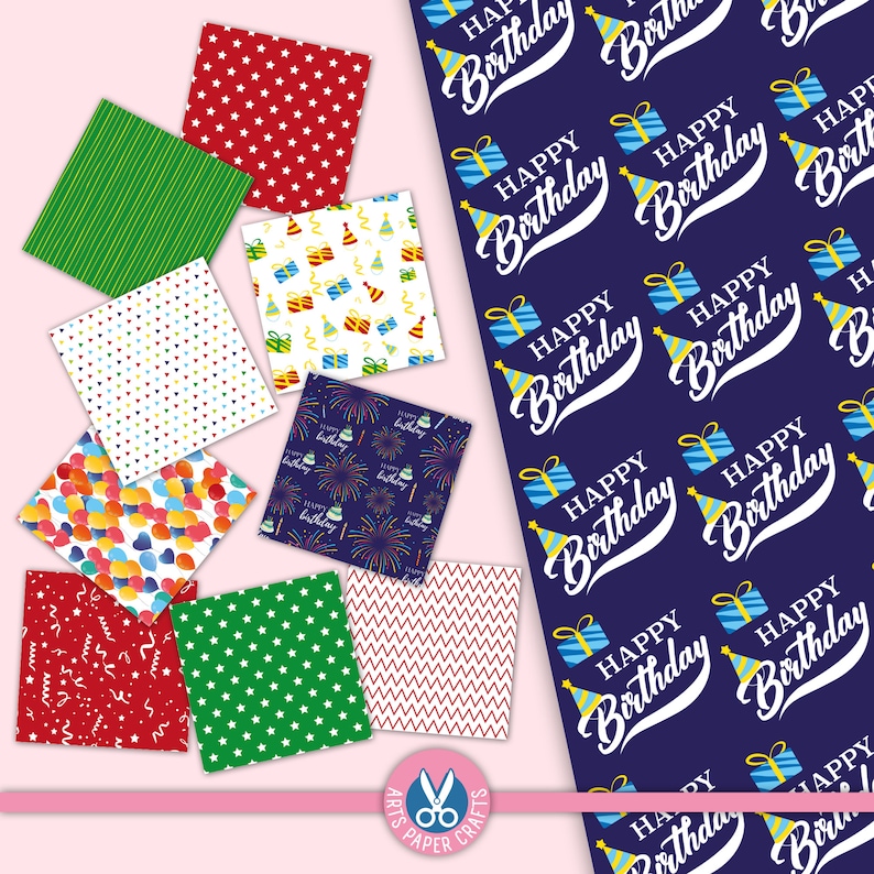 Puede incluir: Una colecci&oacute;n de hojas de papel estampadas de colores con temas de cumplea&ntilde;os. Los dise&ntilde;os incluyen estrellas, rayas, confeti, regalos, fuegos artificiales y las palabras "Happy Birthday". El papel es adecuado para manualidades.