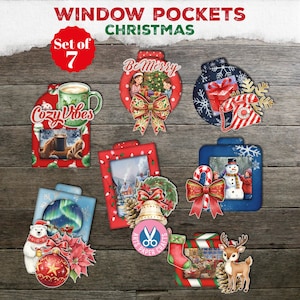 May include: A set of 7 Christmas window pockets featuring festive illustrations including a mug with Cozy Vibes text, a Be Merry wreath, a snowman, a polar bear, a reindeer, and holiday scenes. Each pocket has a unique shape and colorful design.