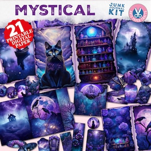 Kit de diário misterioso, impressões de alquimia, noite estrelada, envelope, Halloween, páginas roxas místicas, etiquetas, pasta fólio, curador, para impressão